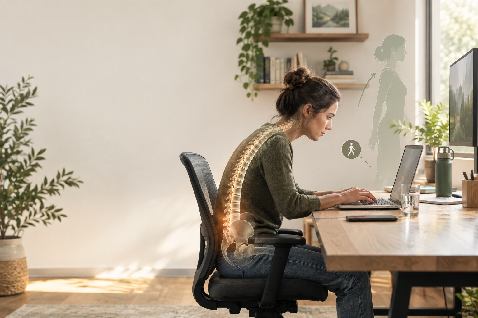 Office worker demonstrating proper desk ergonomics and posture