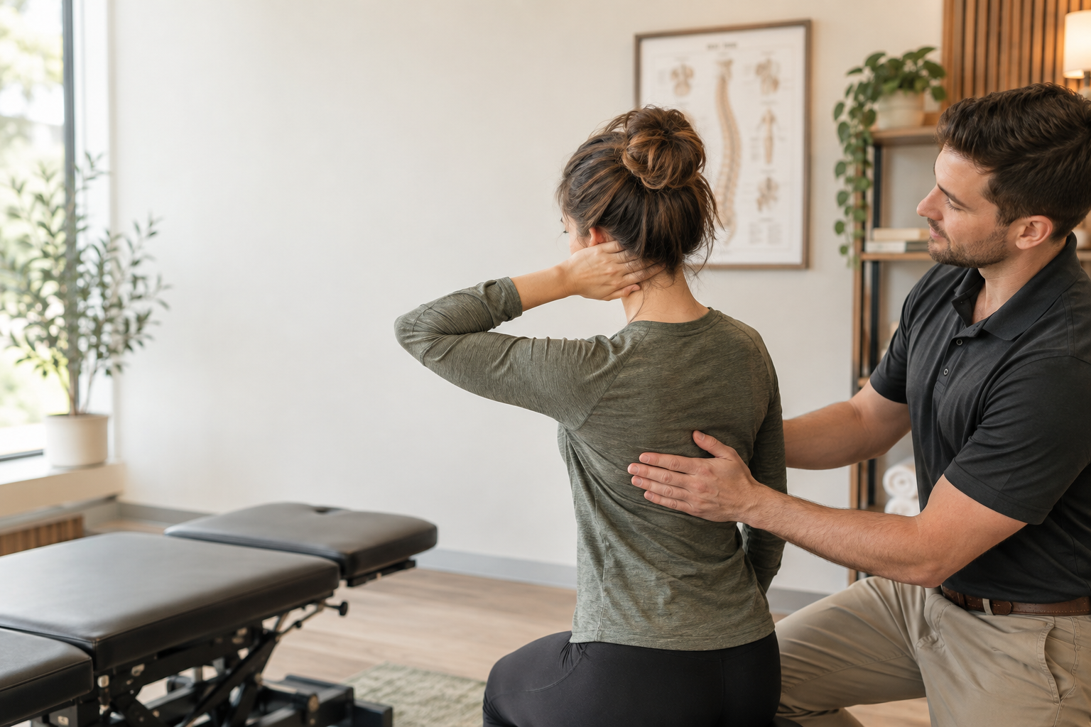 Chiropractor guiding a patient through a mobility assessment