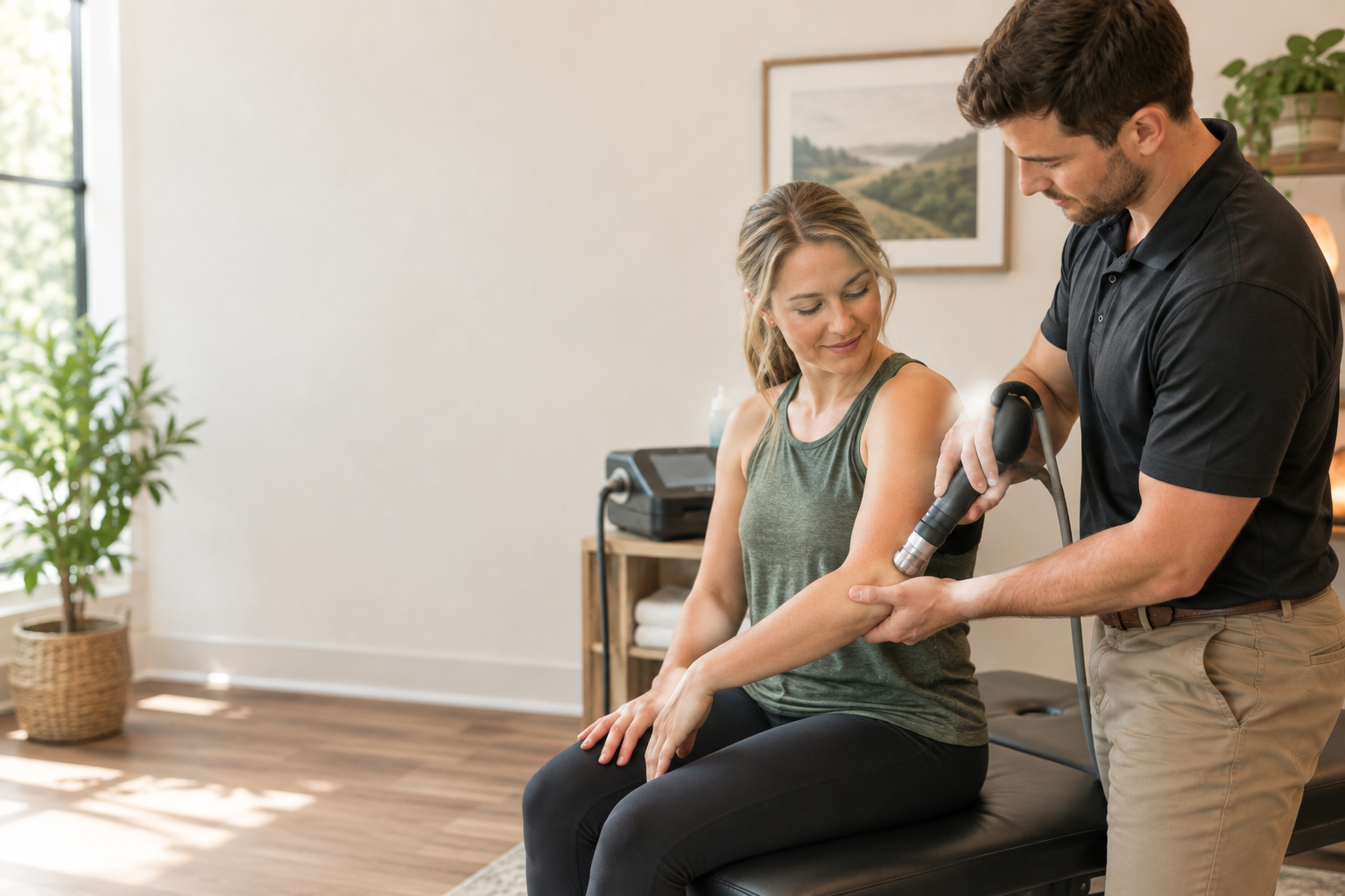 Physical therapist administering shockwave therapy treatment