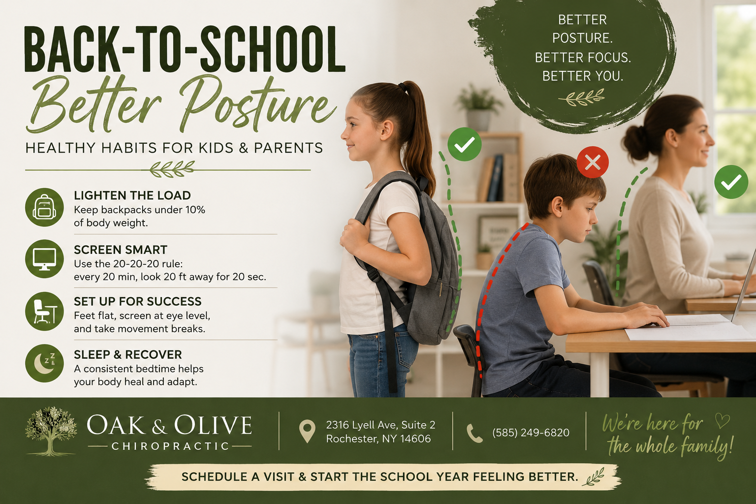 Child with a backpack demonstrating good posture for back-to-school season