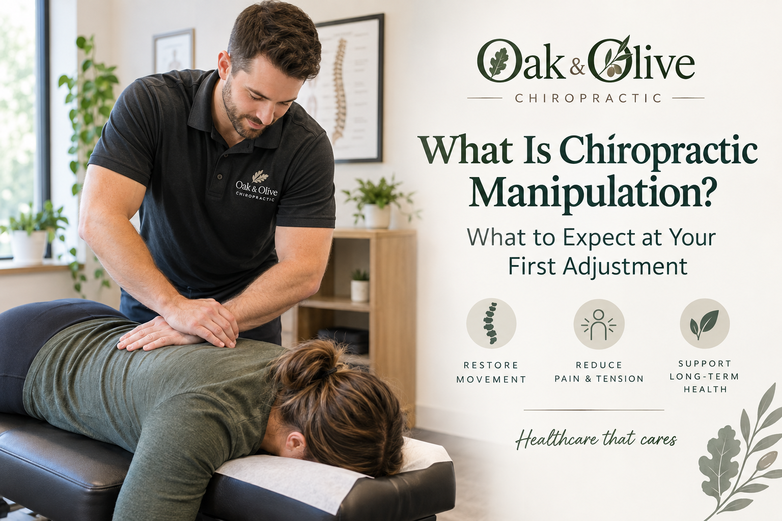 Chiropractor performing a chiropractic adjustment on a patient at Oak & Olive Chiropractic in Rochester, NY