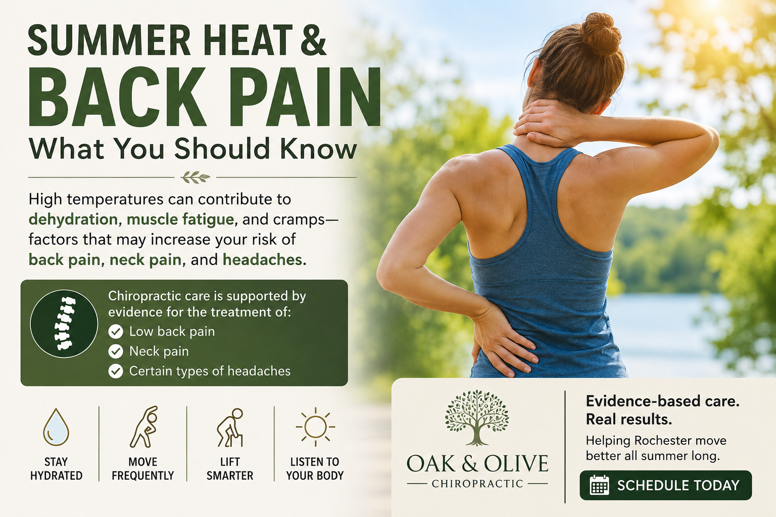 Person experiencing back pain outdoors in hot summer weather